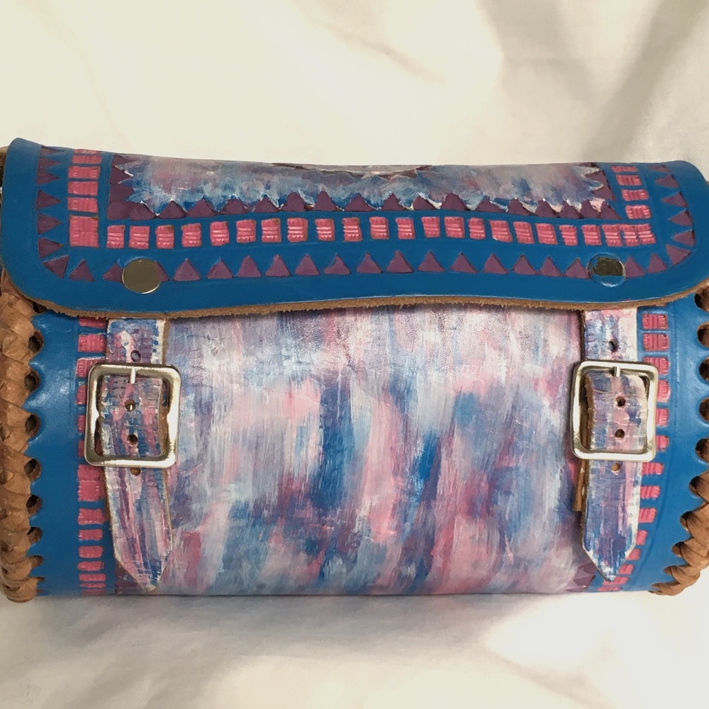 Handmade Mexican Round Leather Crossbody Purse, Hand Painted, one-of-a-kind,